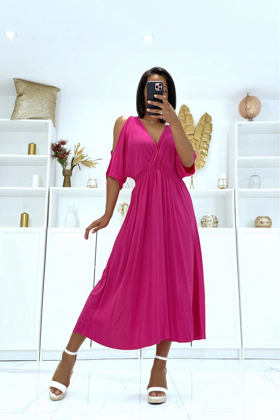 Long fuchsia V-neck dress with straps - 3