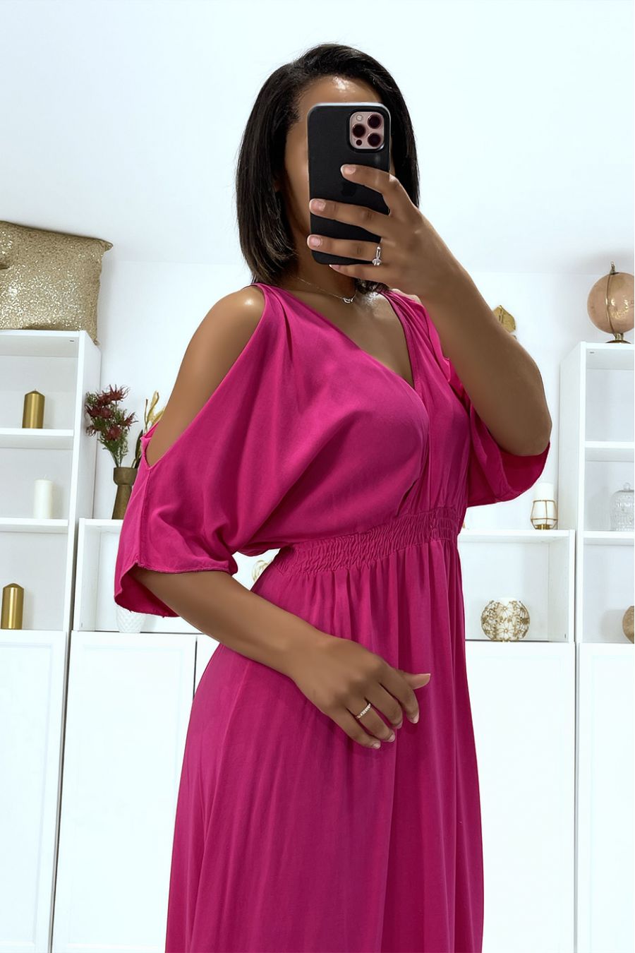 Long fuchsia V-neck dress with straps - 5