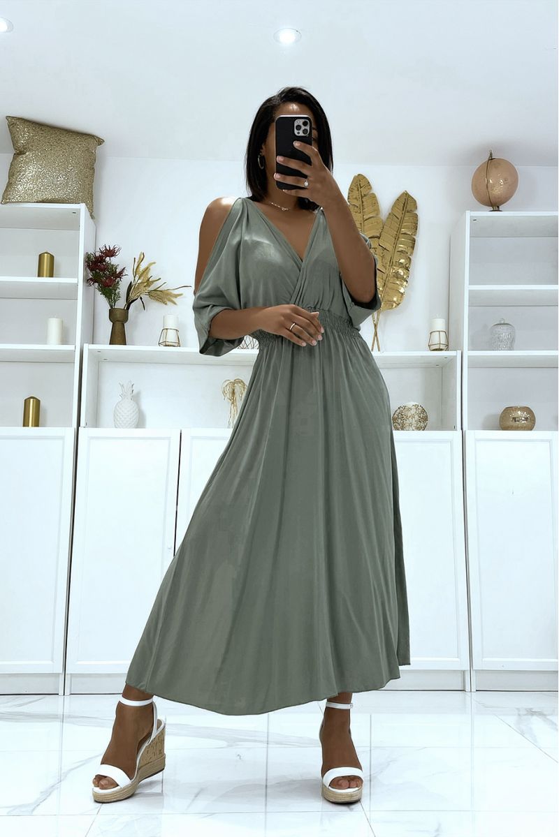 Long khaki V-neck dress with straps - 1