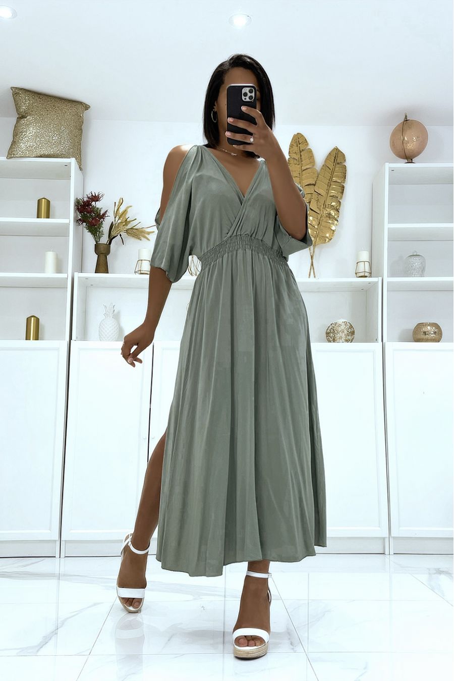 Long khaki V-neck dress with straps - 2