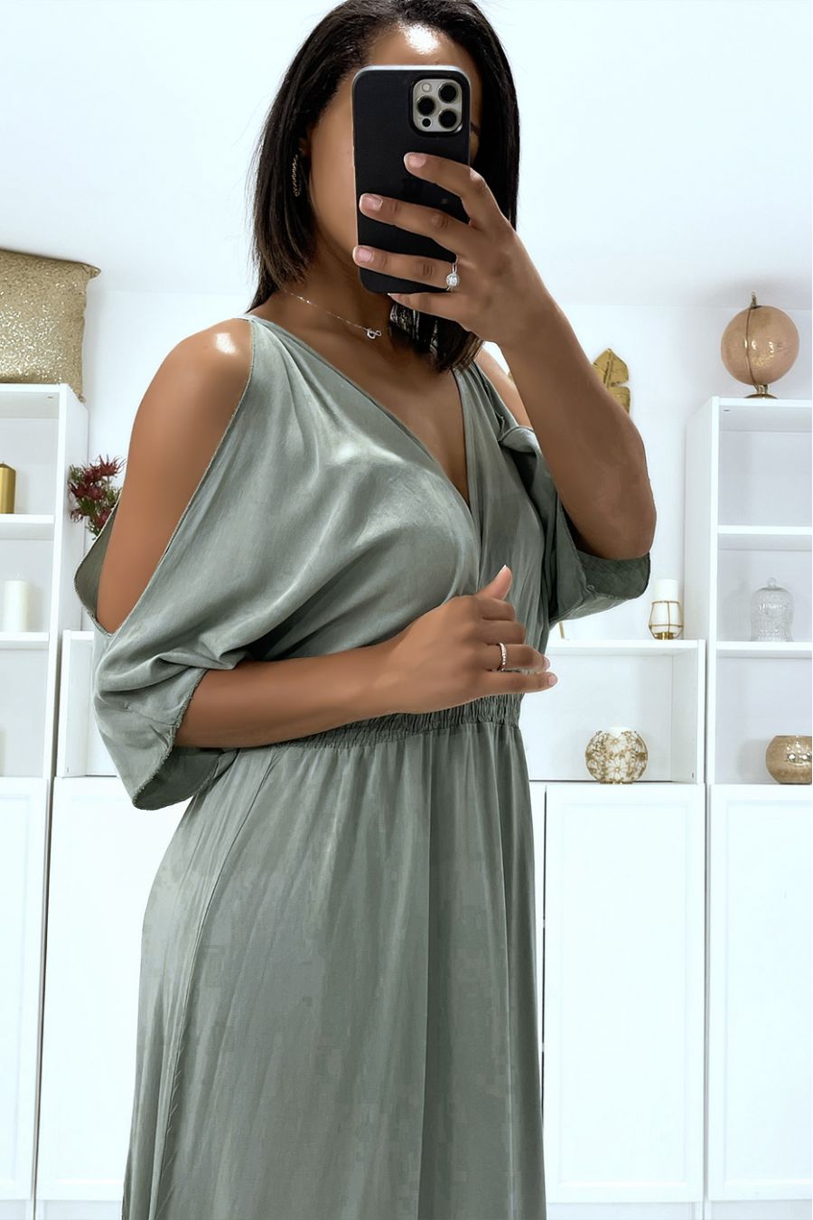 Long khaki V-neck dress with straps - 4