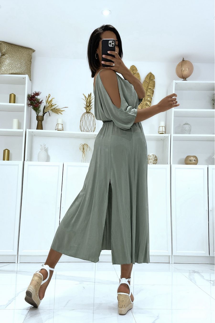 Long khaki V-neck dress with straps - 5