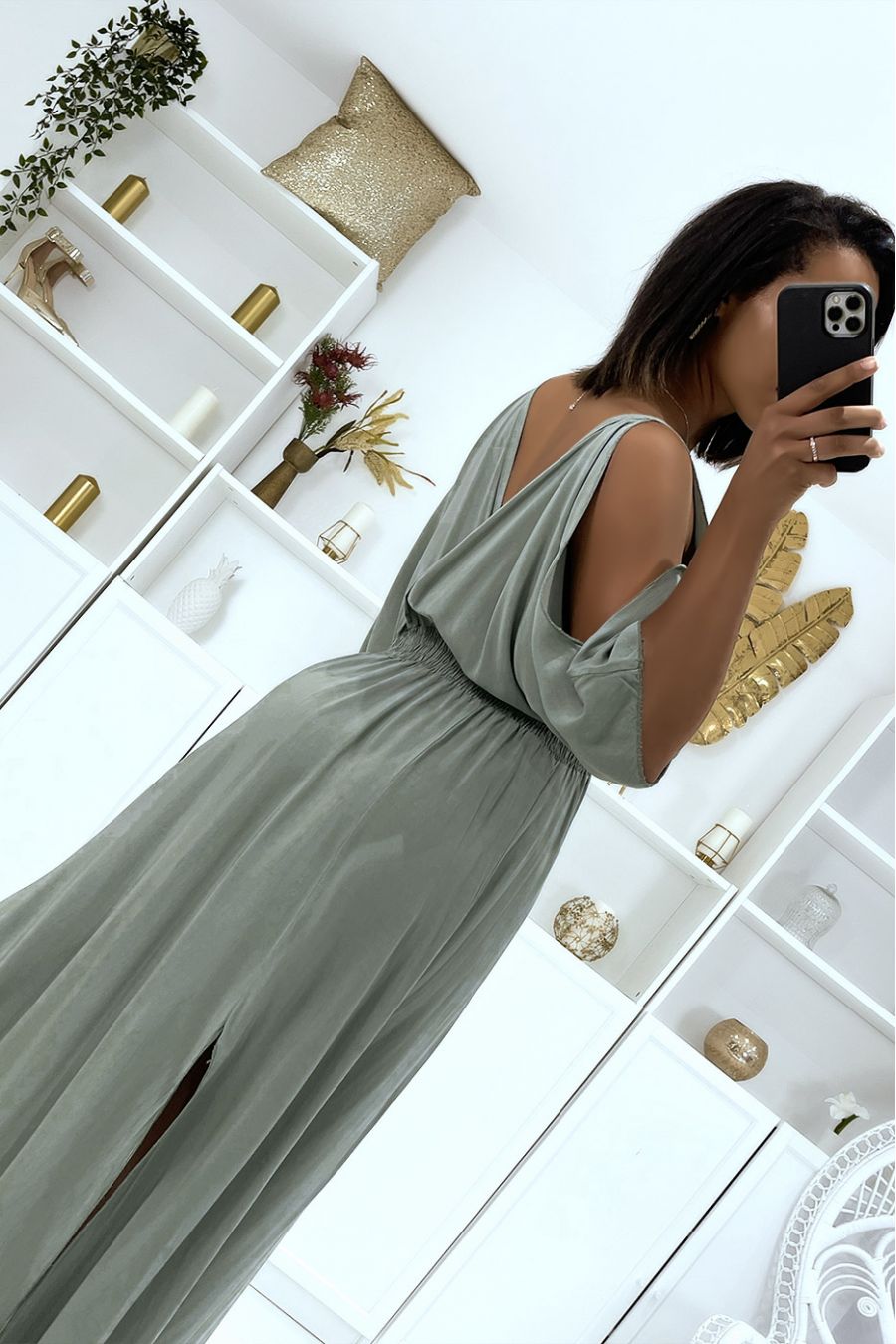 Long khaki V-neck dress with straps - 6