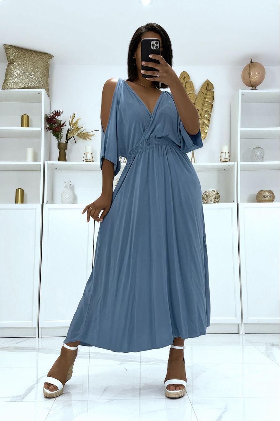 Long indigo V-neck dress with straps - 1