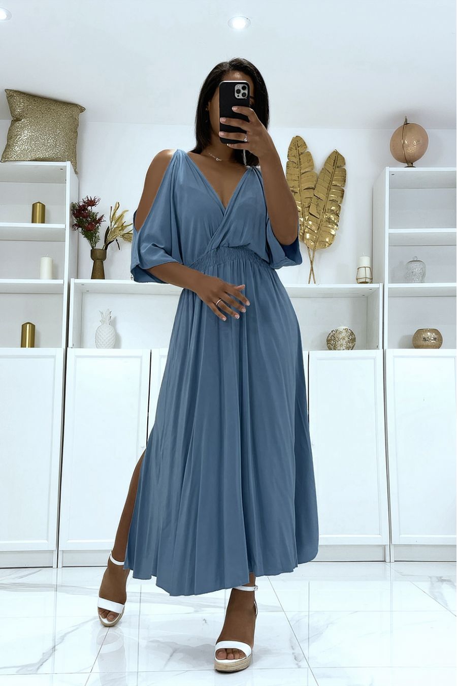 Lange indigo jurk met V-hals en bandjes - 2