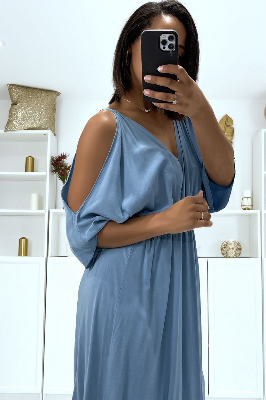 Long indigo V-neck dress with straps - 5