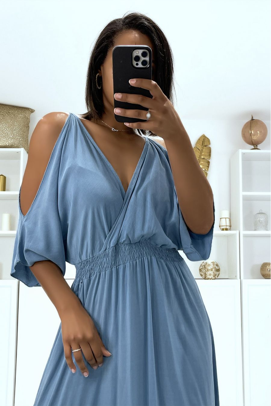 Long indigo V-neck dress with straps - 6