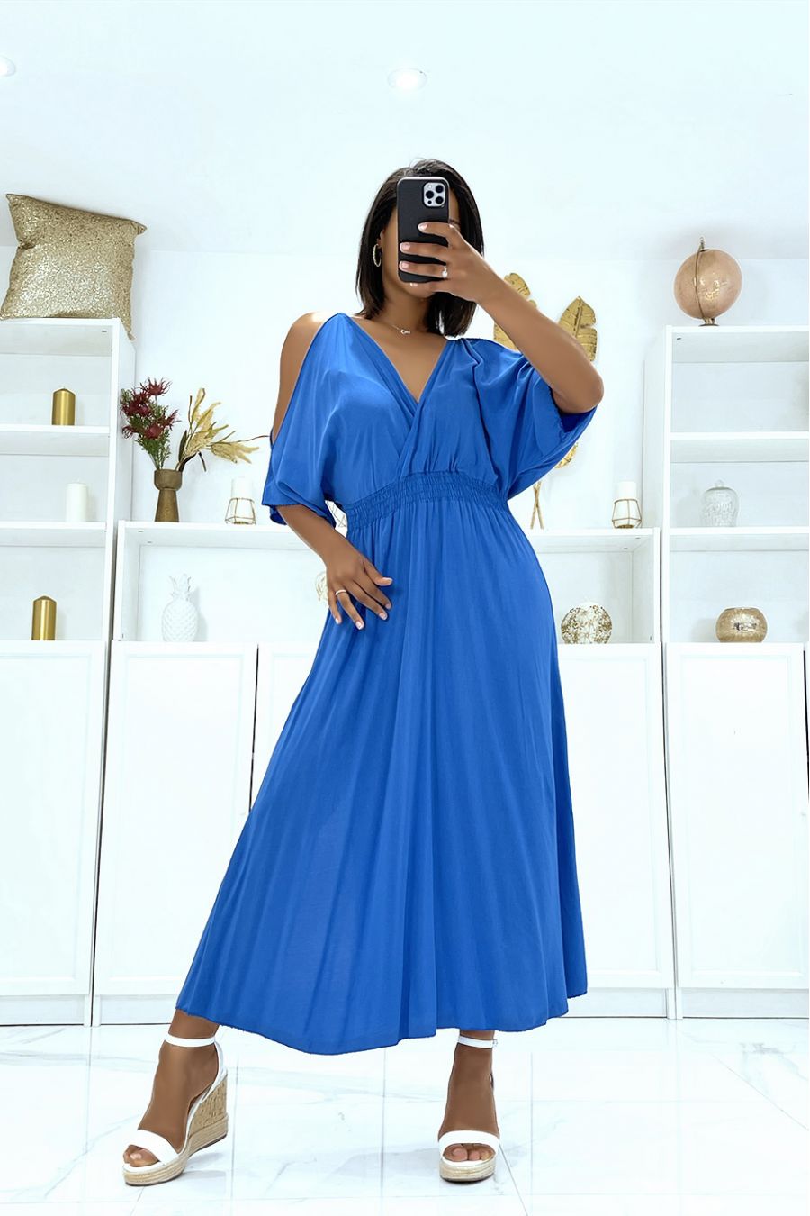 Long royal V-neck dress with straps - 1