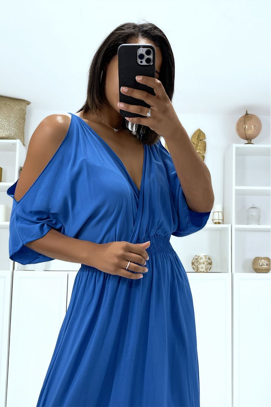 Long royal V-neck dress with straps - 6