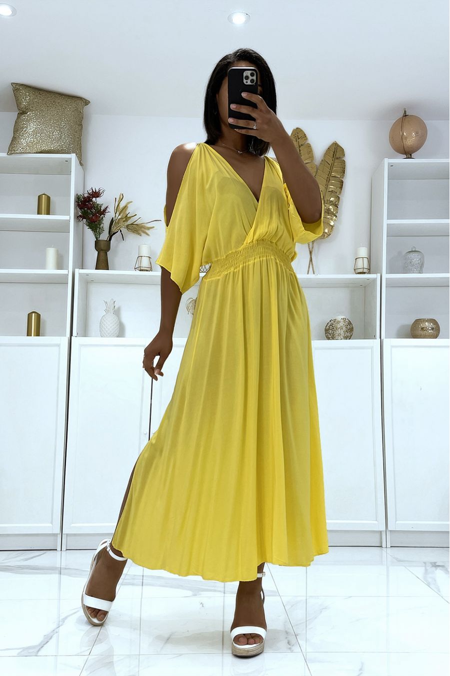 Long mustard V-neck dress with straps - 2