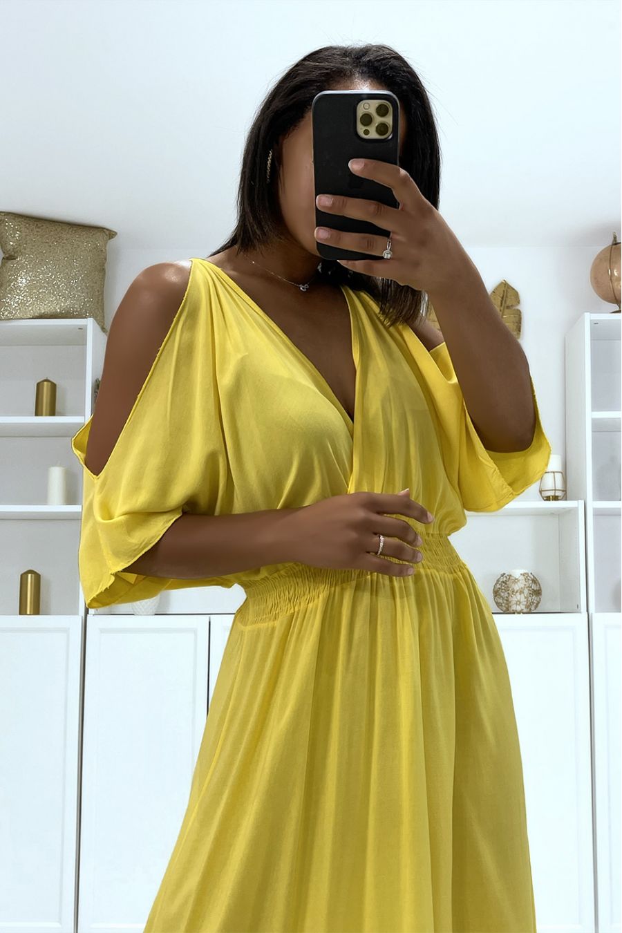Long mustard V-neck dress with straps - 5