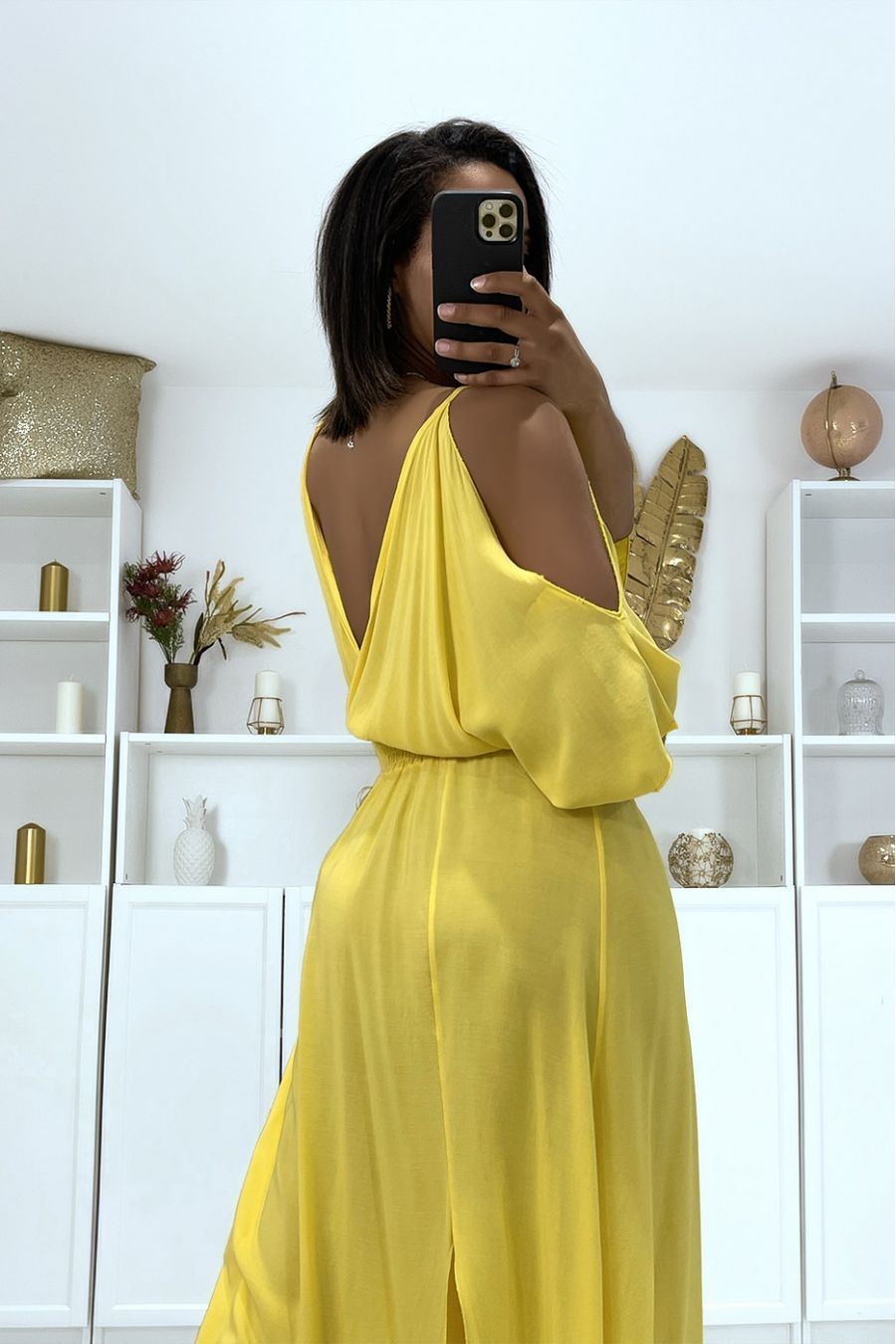 Long mustard V-neck dress with straps - 6
