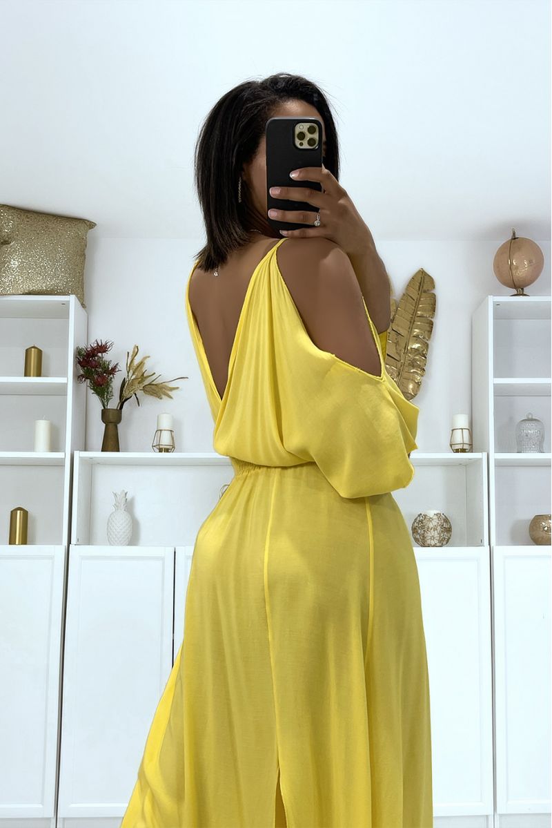 Long mustard V-neck dress with straps - 6