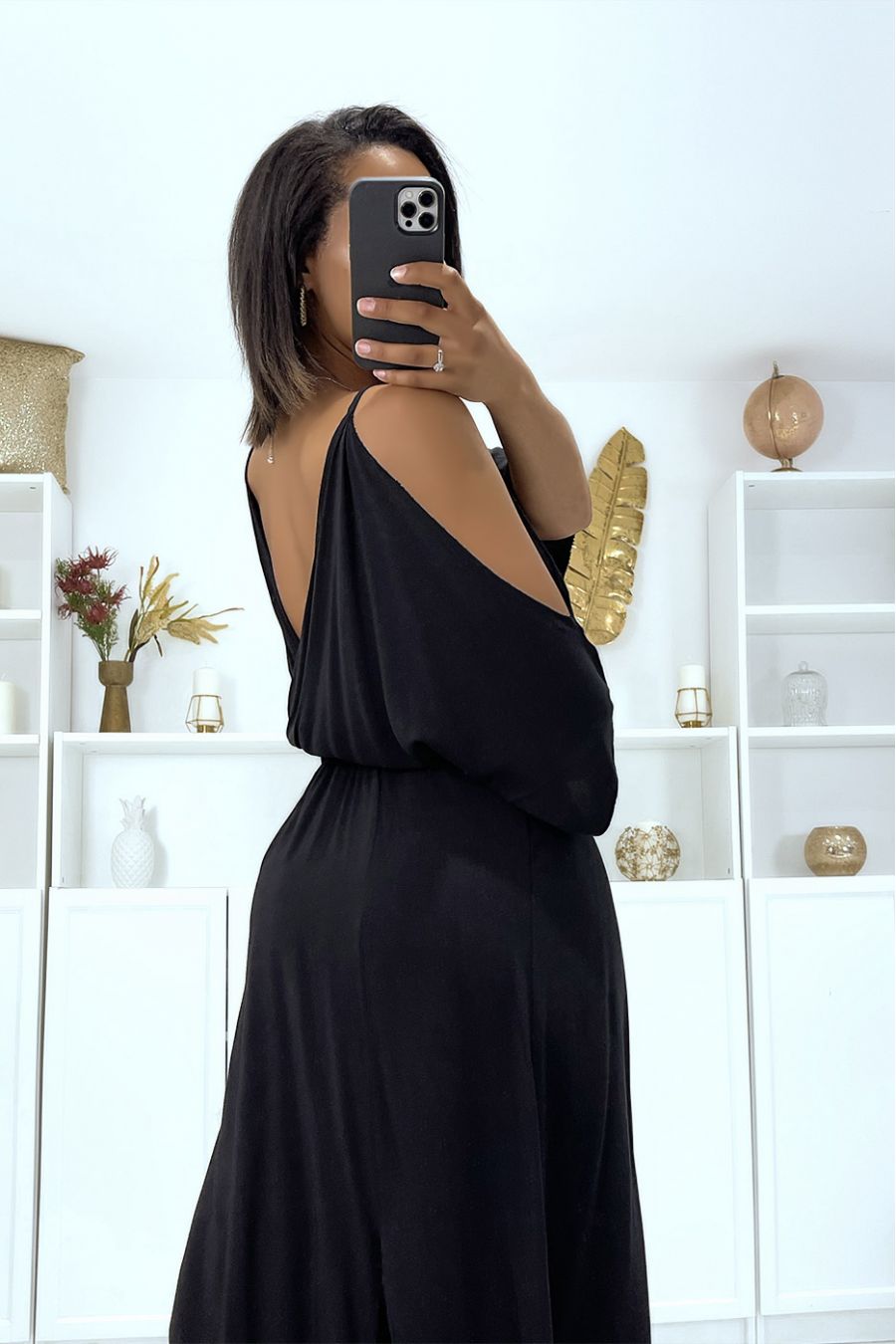 Long black V-neck dress with straps - 6