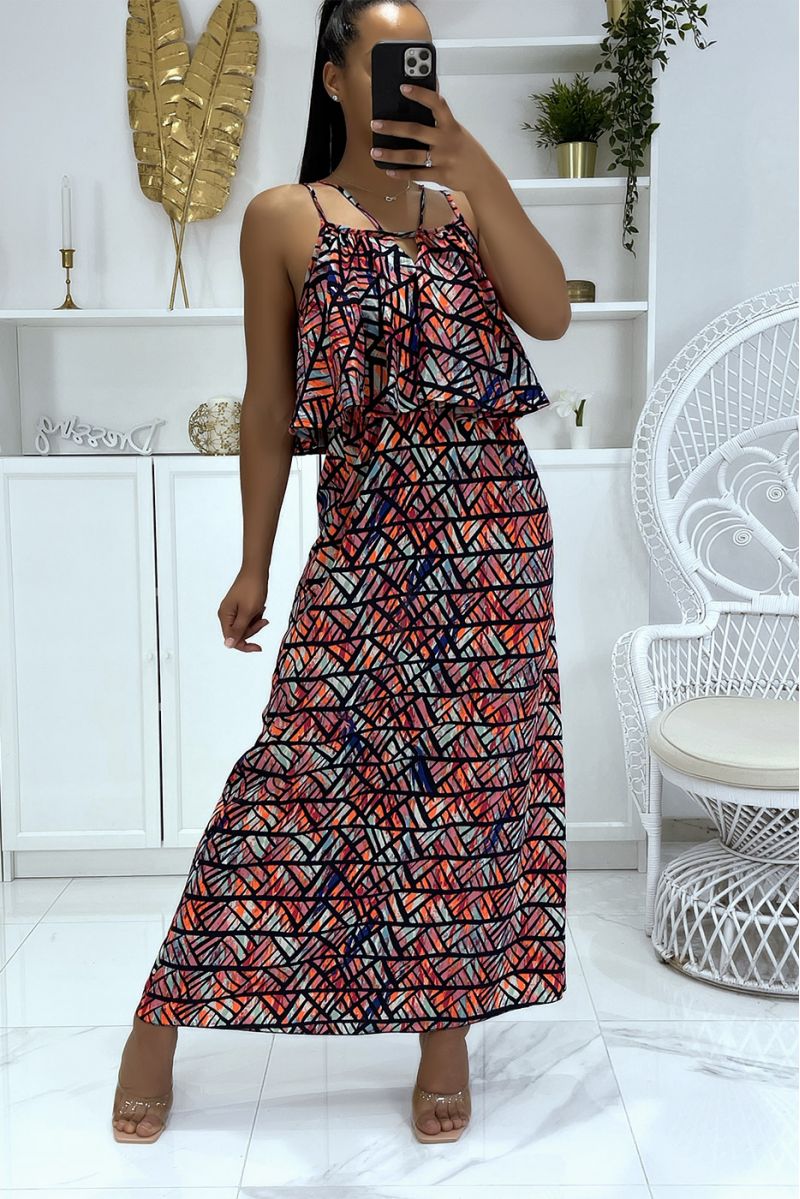 Long dress with geometric pattern and orange-dominated flounce - 1