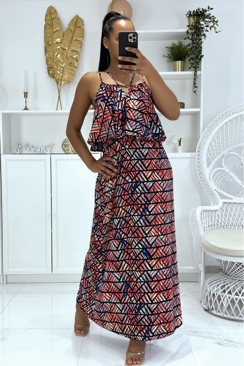 Long dress with geometric pattern and orange-dominated flounce - 2
