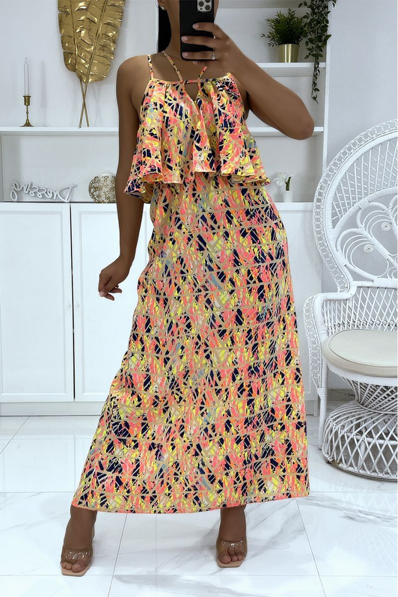 Long dress with geometric pattern and yellow-dominated flounce - 1