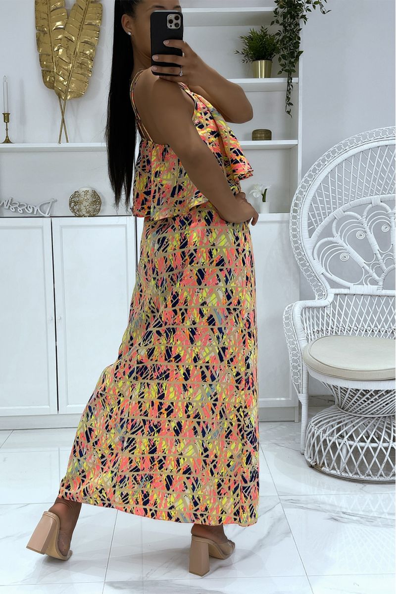 Long dress with geometric pattern and yellow-dominated flounce - 3