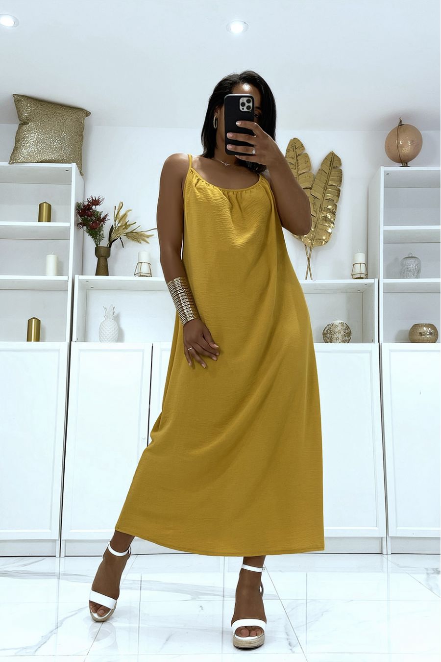 Long flared mustard dress with strap - 1