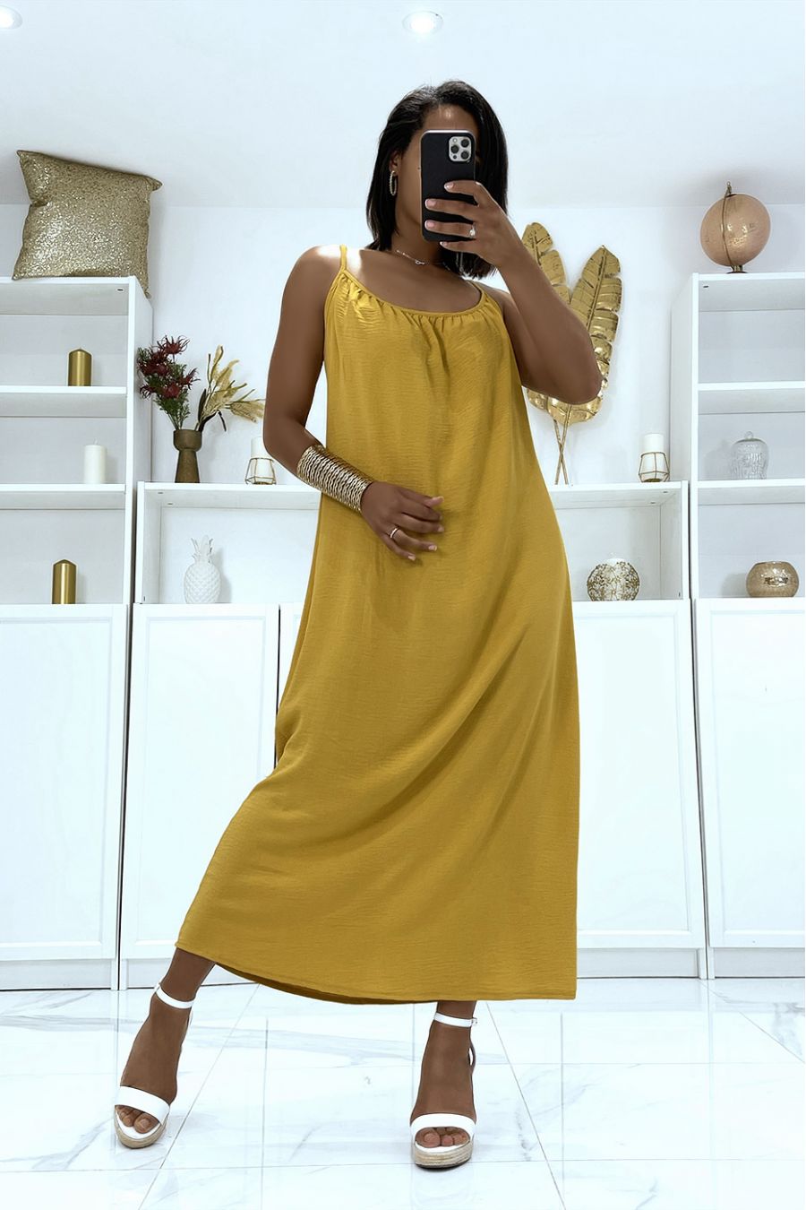 Long flared mustard dress with strap - 2