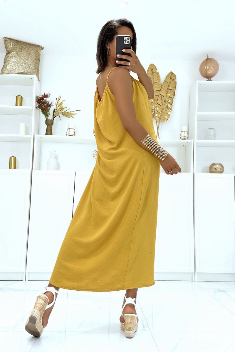Long flared mustard dress with strap - 3