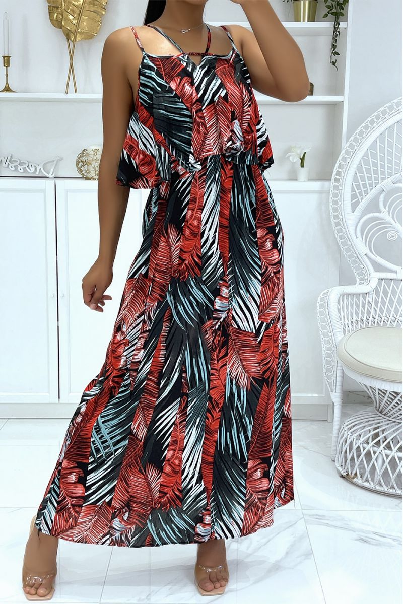 Longue robe à motif feuillage et volant à dominance rouge - 1