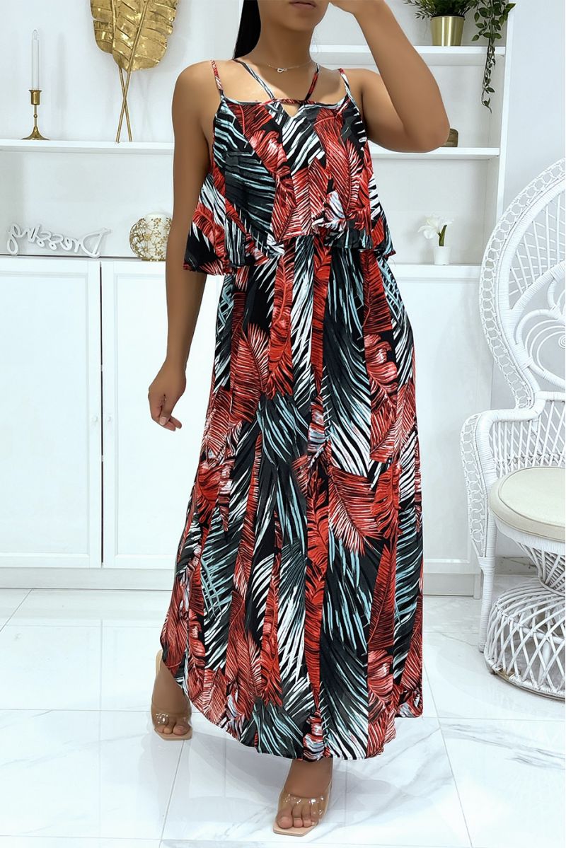Long dress with foliage pattern and predominantly red flounce - 2