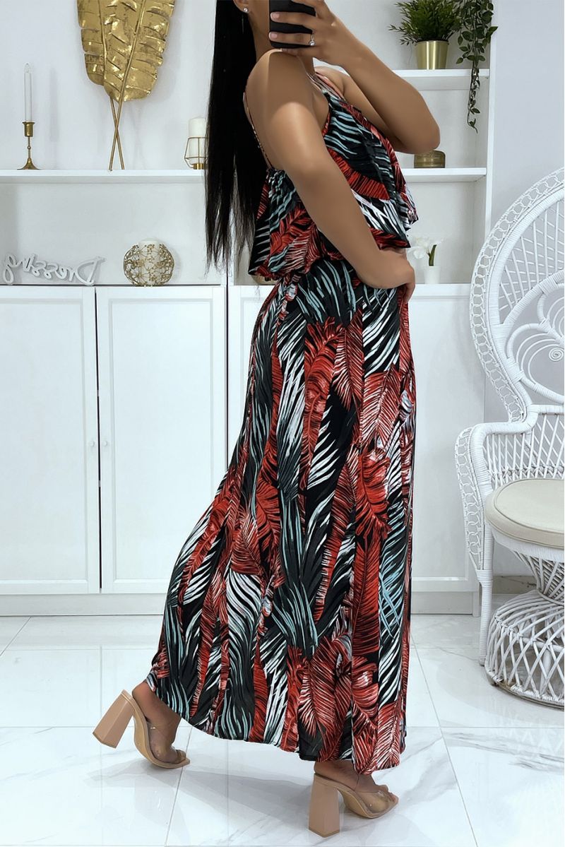 Long dress with foliage pattern and predominantly red flounce - 3