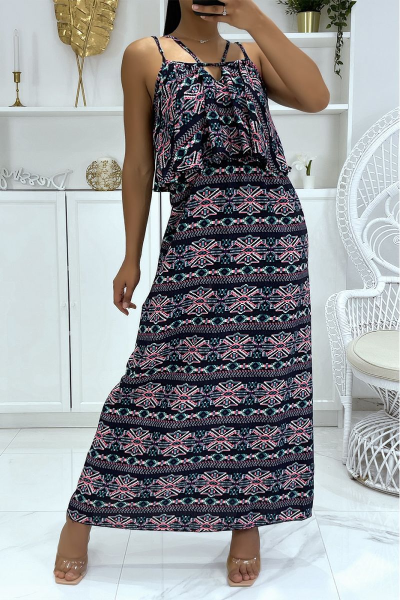 Long dress with geometric pattern and flounce, predominantly black - 1