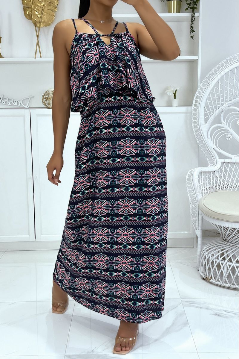 Long dress with geometric pattern and flounce, predominantly black - 2