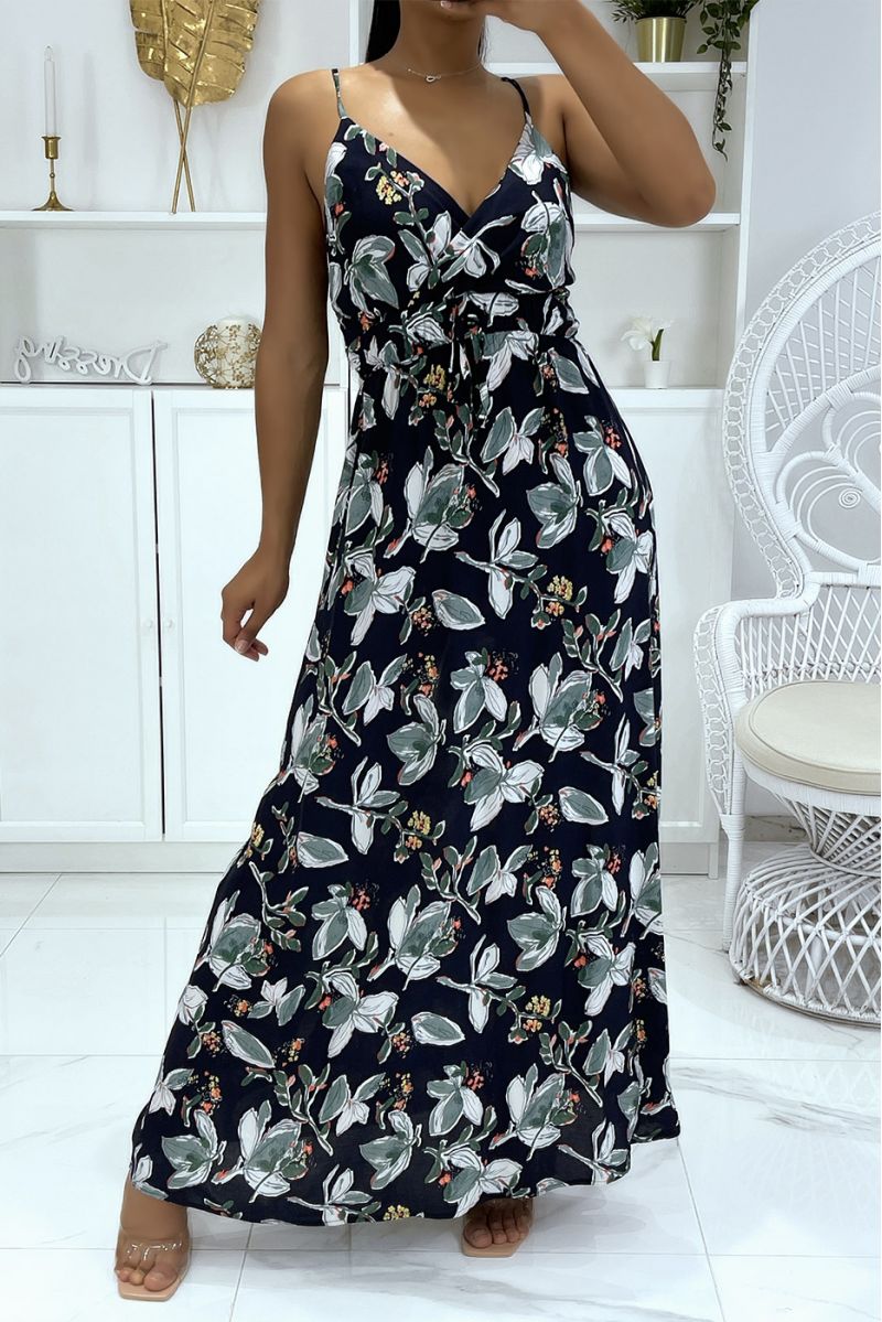 Longue robe marine à motif floral et bretelle - 1