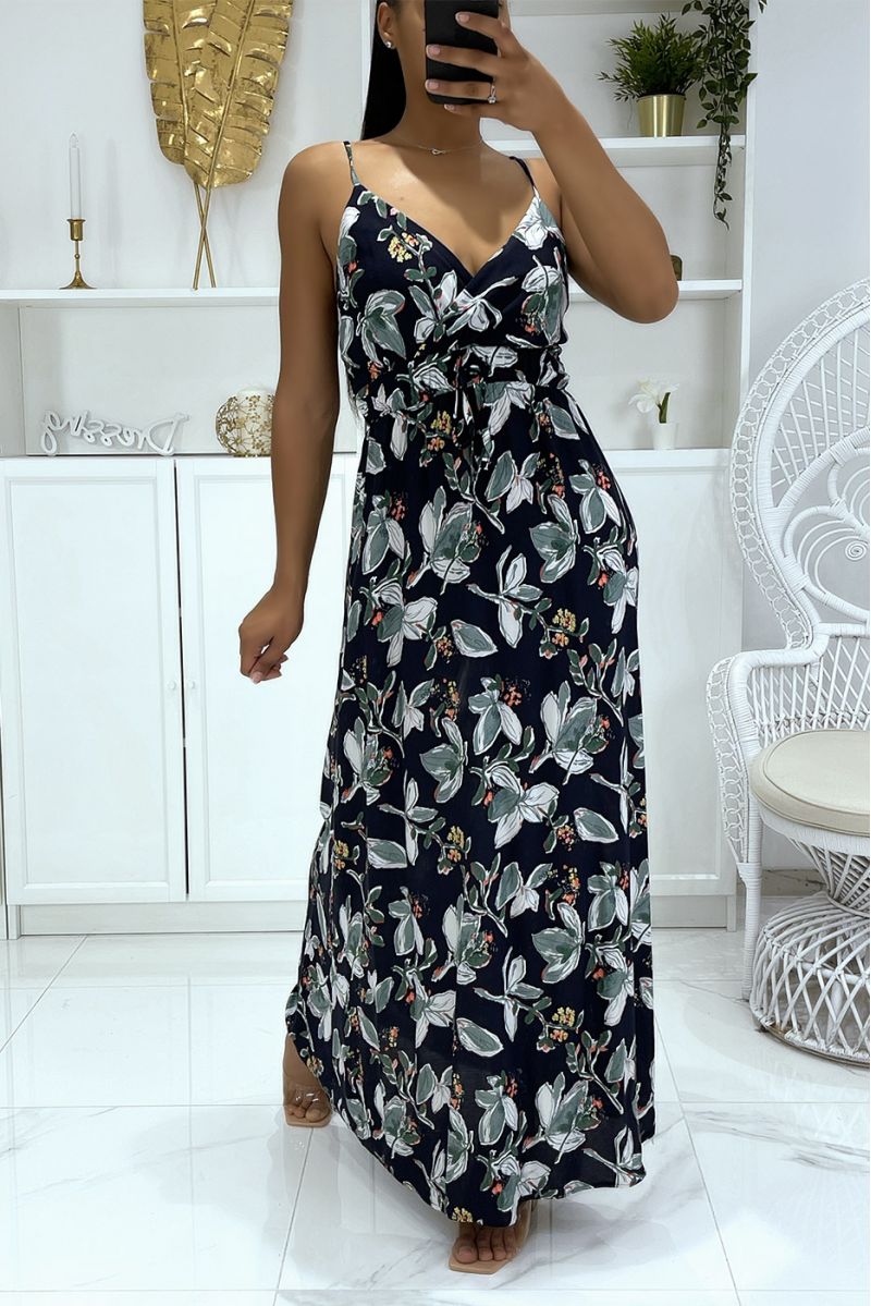 Long navy dress with floral pattern and strap - 2