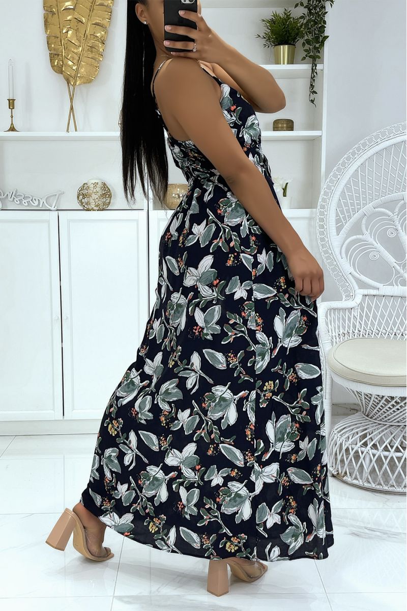 Longue robe marine à motif floral et bretelle - 3