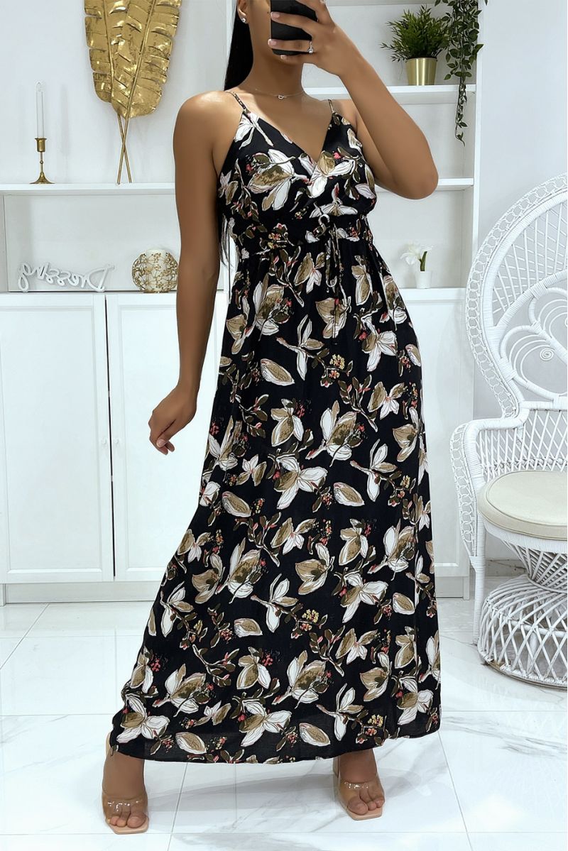 Lange zwarte jurk met bloemenpatroon en riem - 1