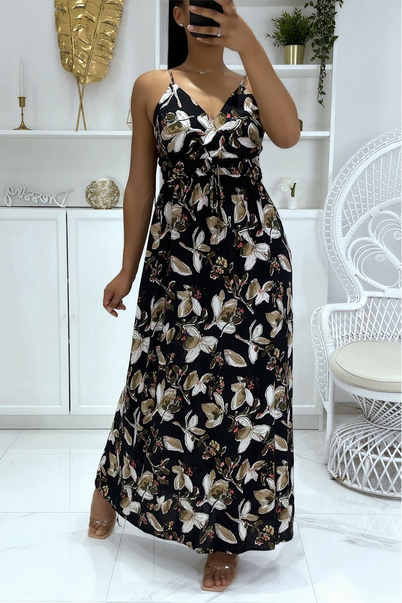 Lange zwarte jurk met bloemenpatroon en riem - 2