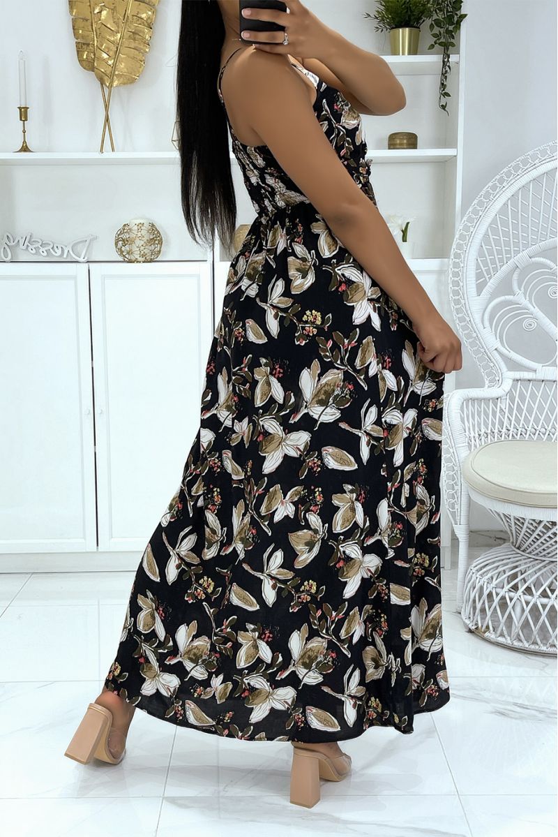 Longue robe noire à motif floral et bretelle - 3
