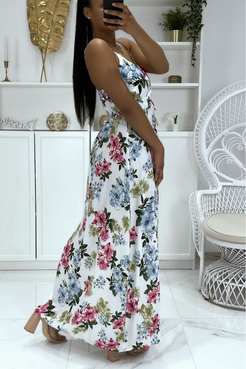 Lange witte jurk met bloemenpatroon en riem - 3