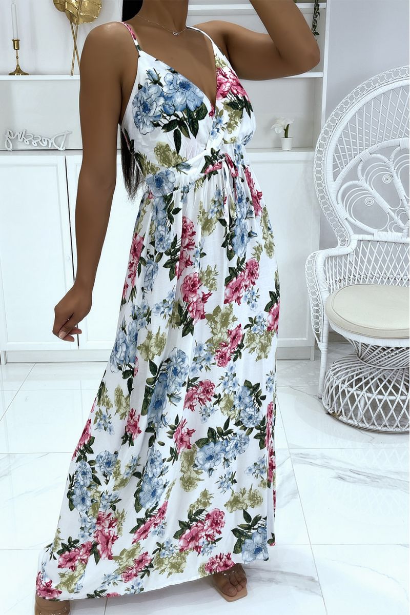 Lange witte jurk met bloemenpatroon en riem - 4