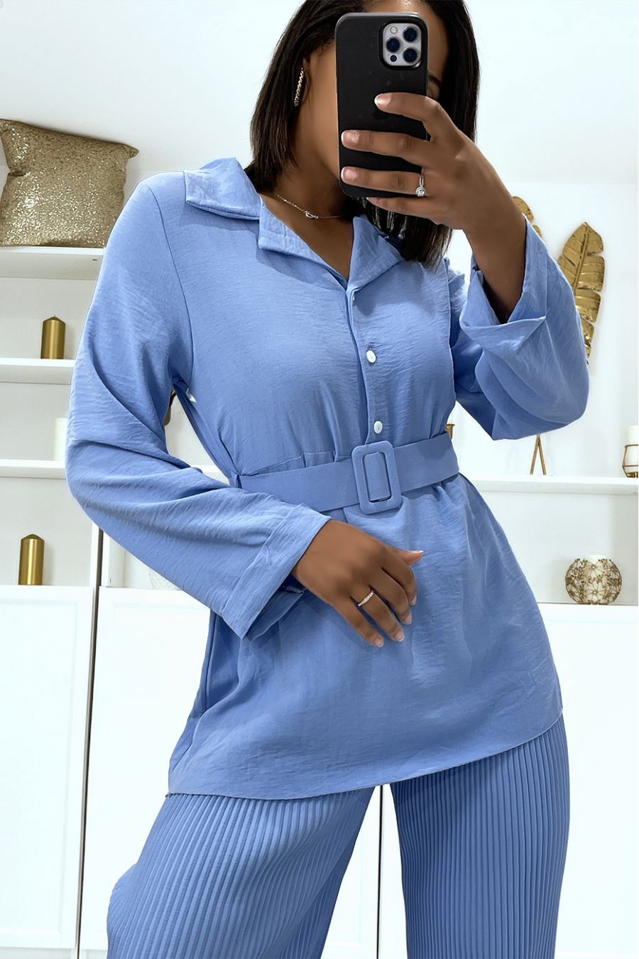 Blue pleated tunic and pants set - 1