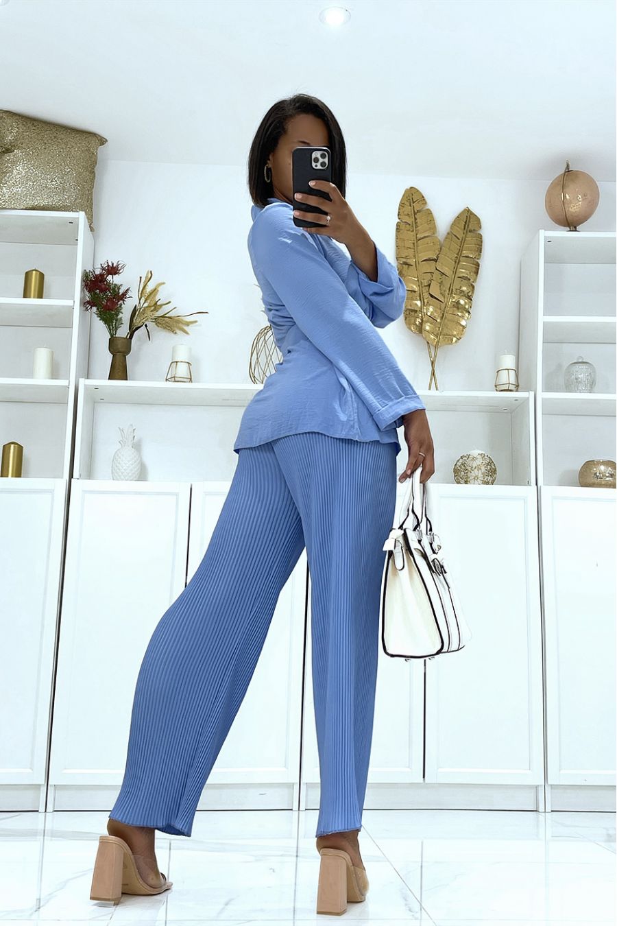 Blauwe geplooide tuniek en broek set - 6