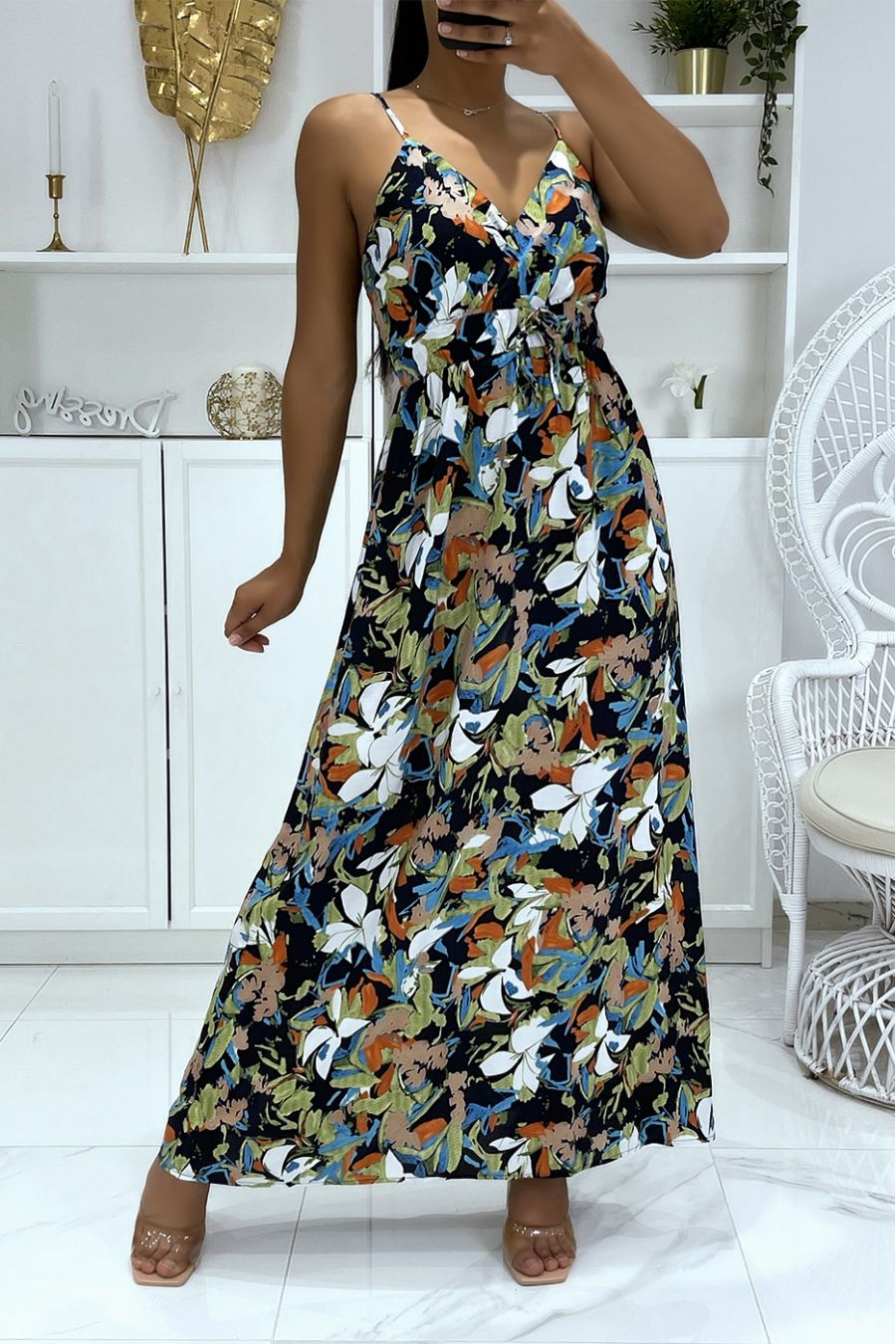 Long navy dress with floral pattern and strap