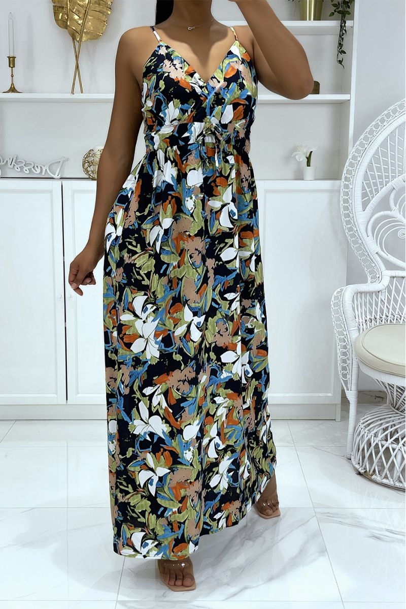 Long navy dress with floral pattern and strap - 2