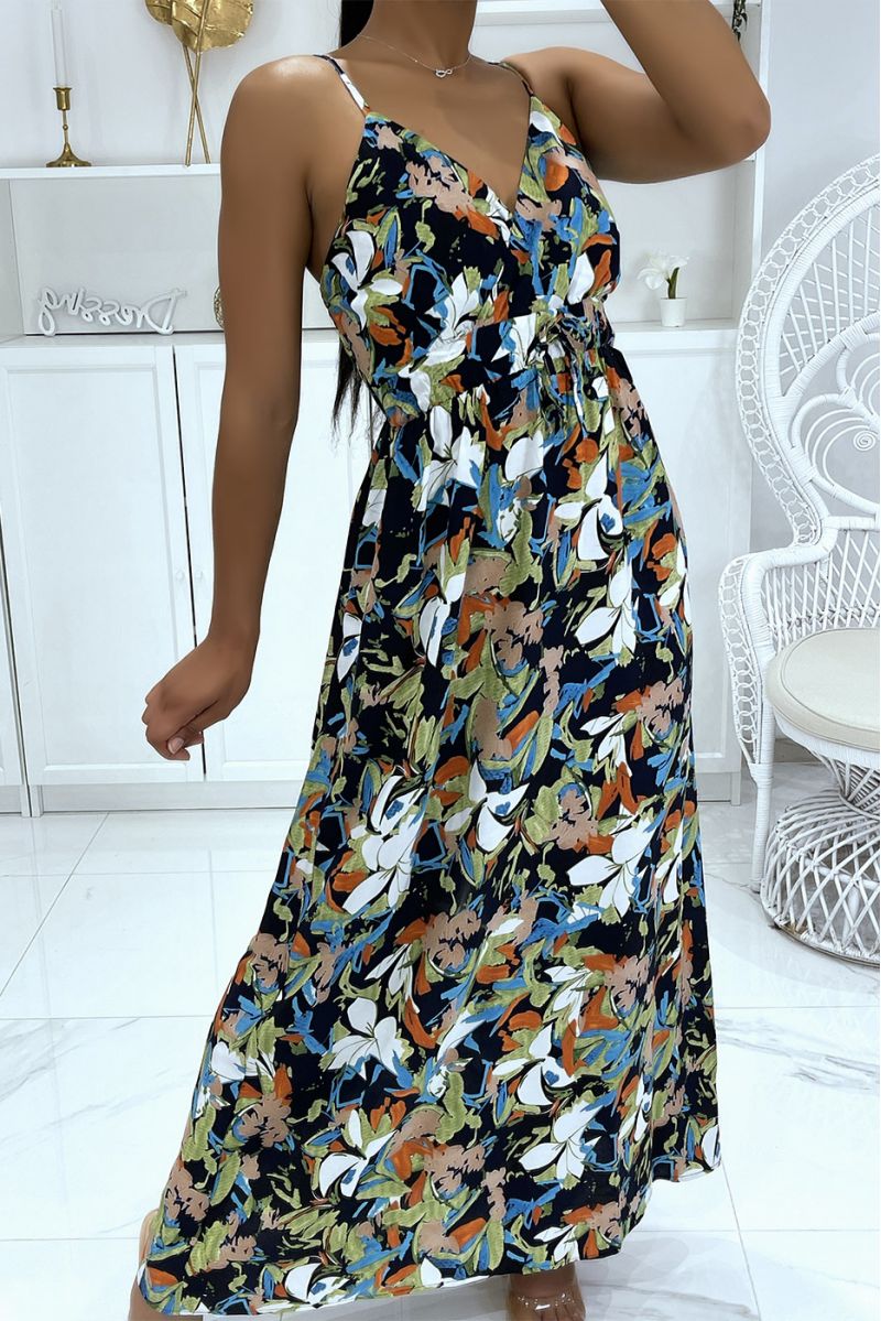 Longue robe marine à motif floral et bretelle - 4