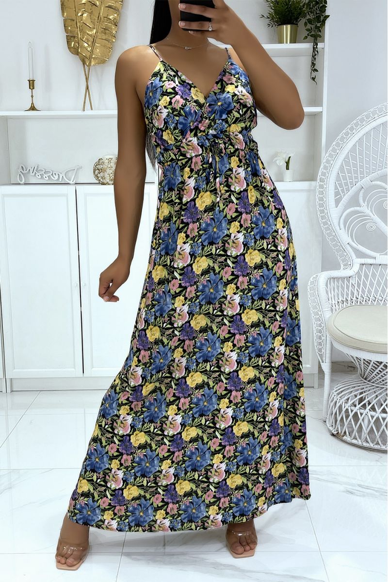 Long black dress with floral pattern and strap - 1
