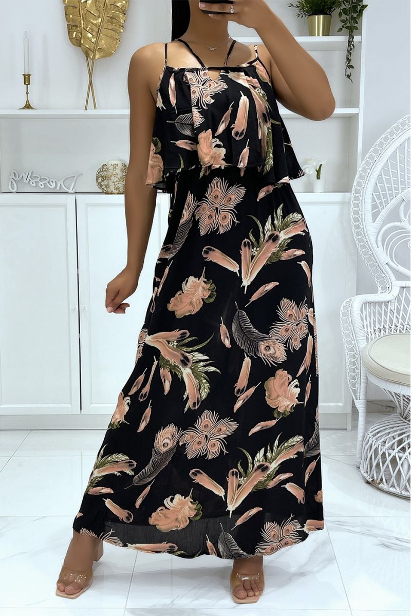 Long dress with floral pattern and flounce in black dominance - 1