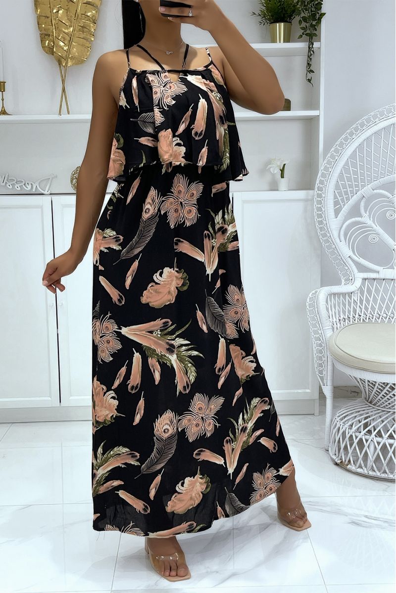 Long dress with floral pattern and flounce in black dominance - 2