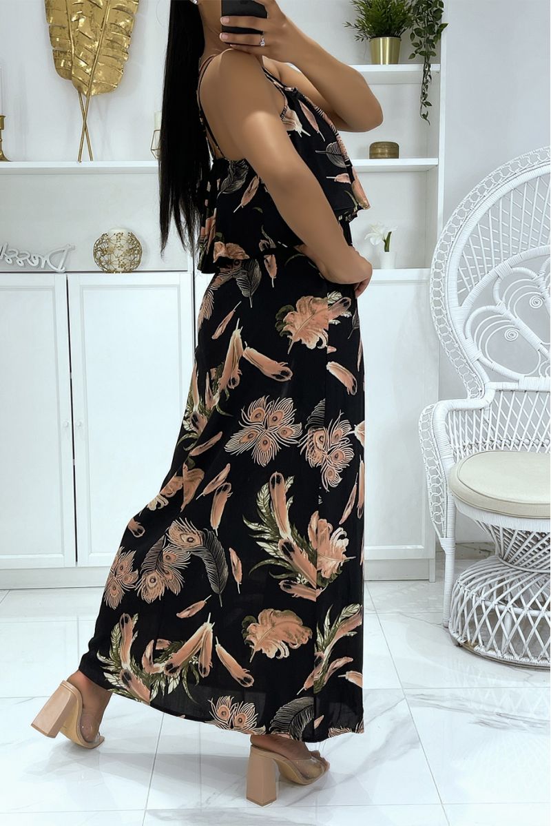 Long dress with floral pattern and flounce in black dominance - 3