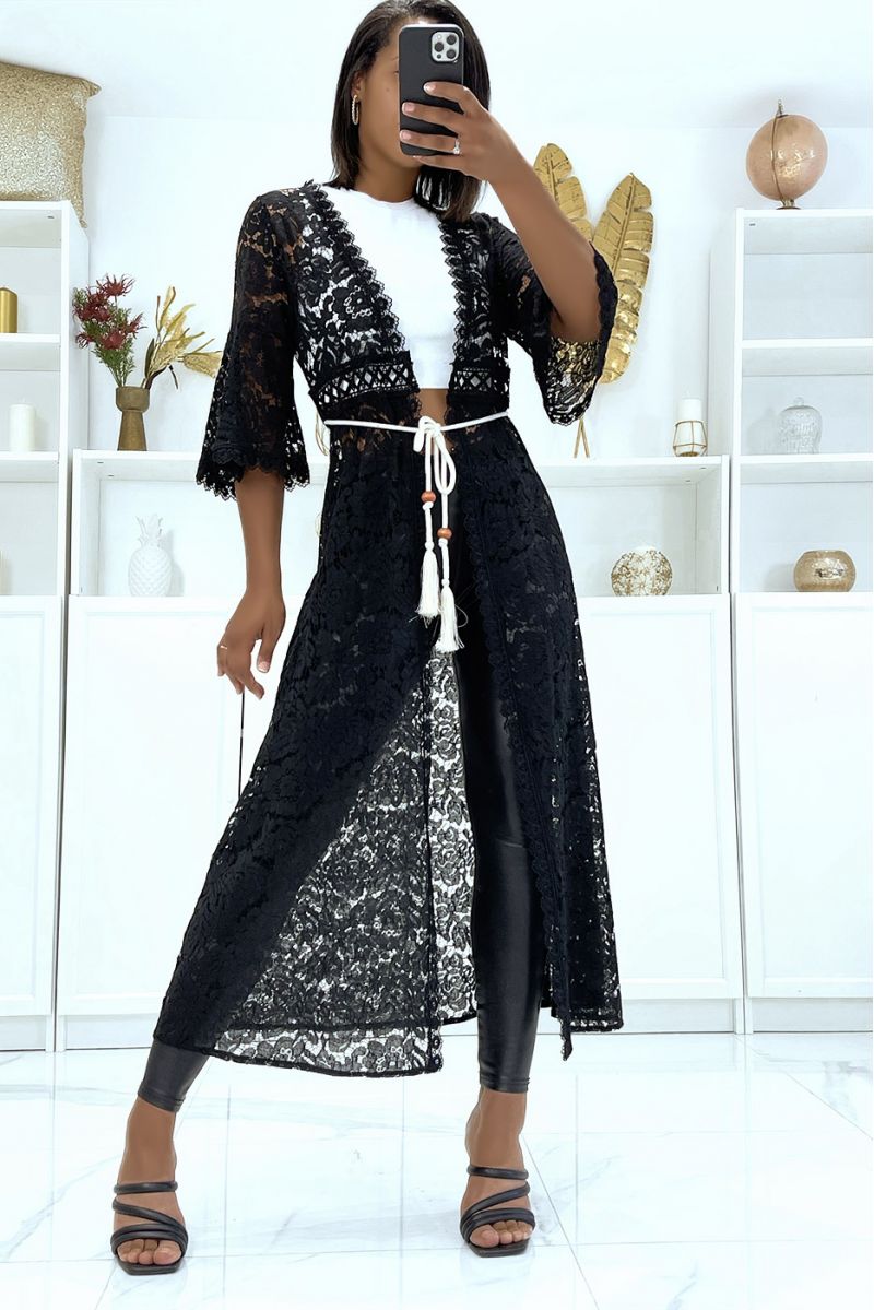 Long black kimono entirely in crochet with drawstring belt - 1