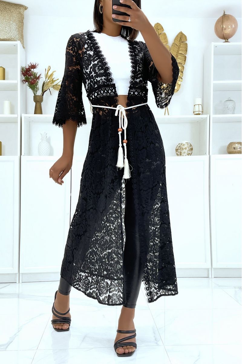 Long black kimono entirely in crochet with drawstring belt - 2