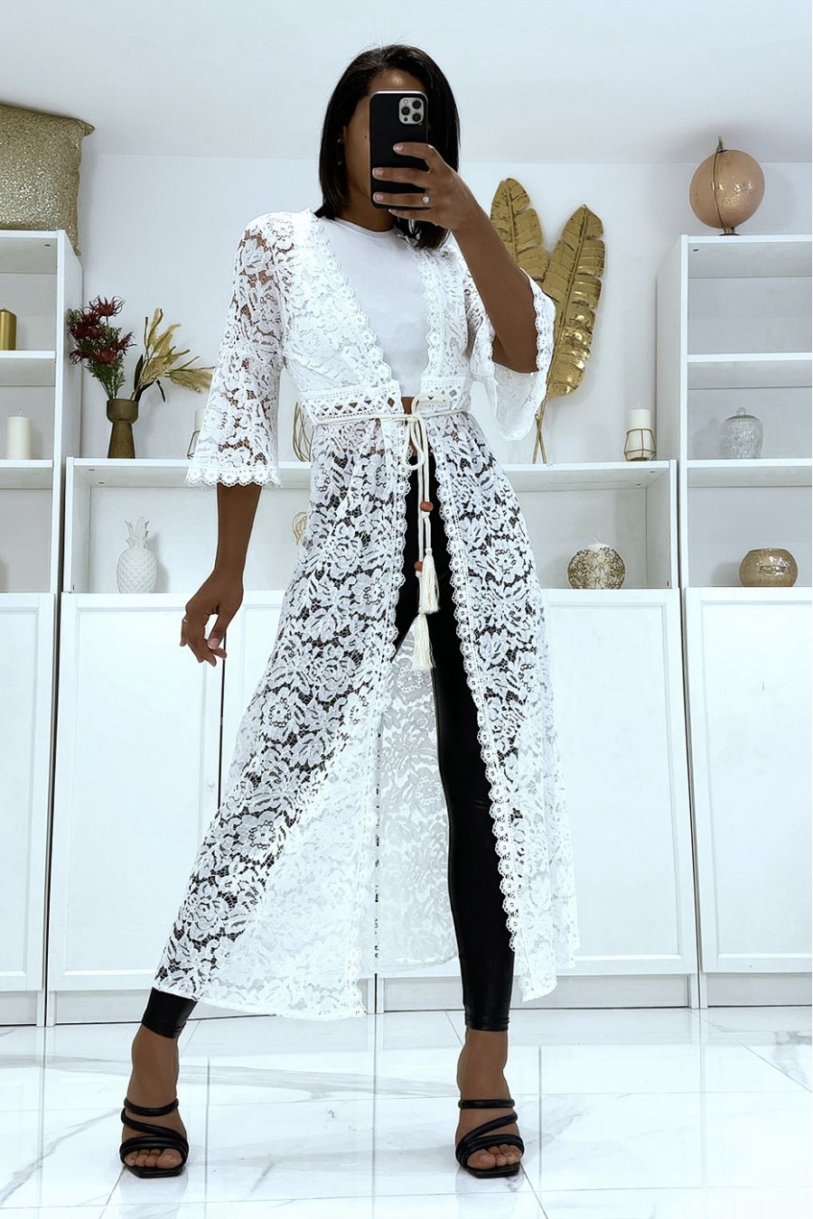 Lange witte kimono volledig gehaakt met riem met trekkoord - 2